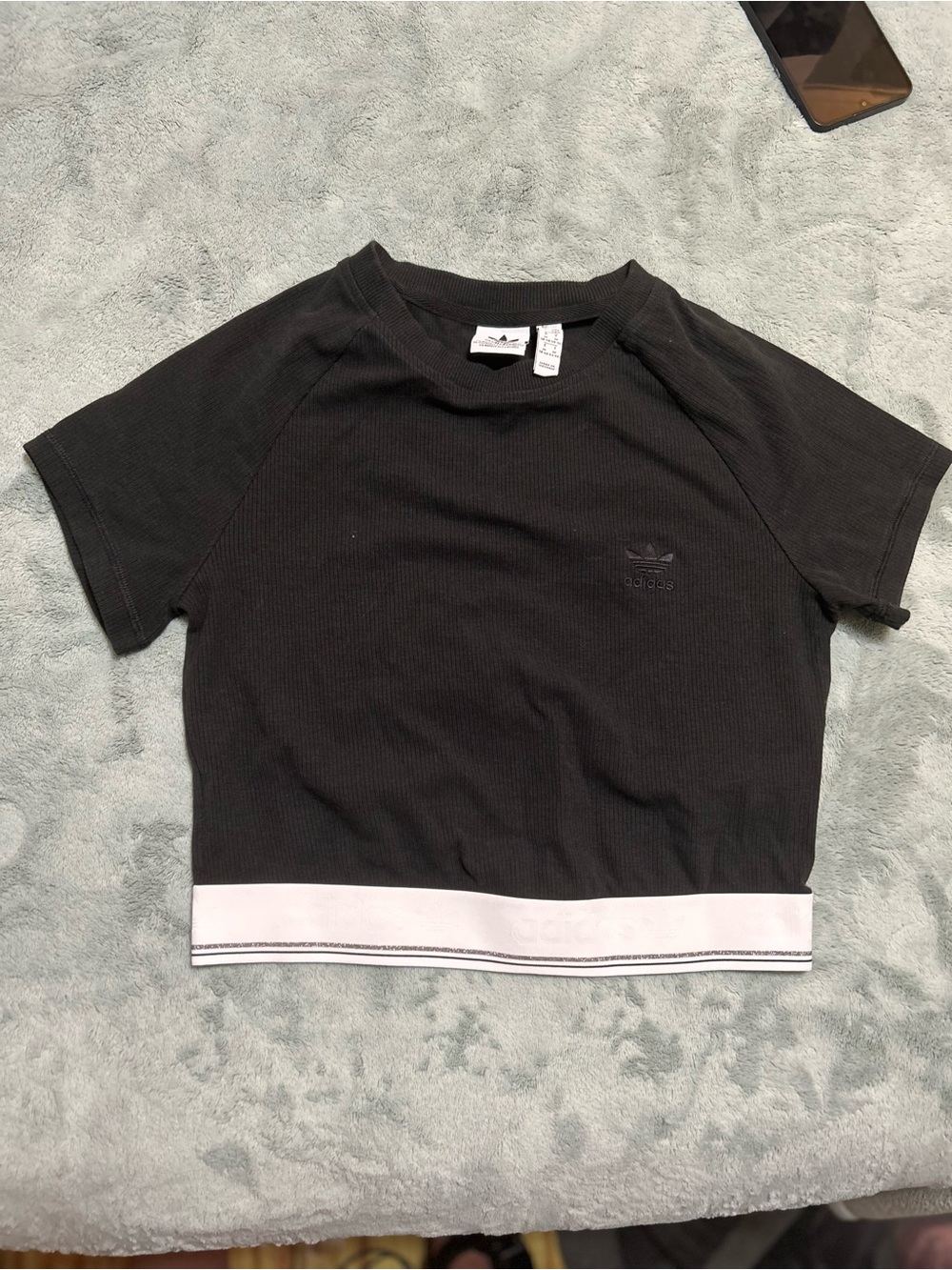 adidas Black Cropped Ribbed Tee with White Hem